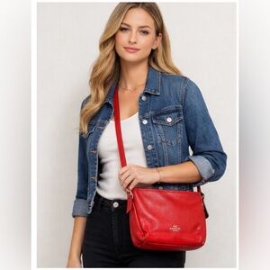 Coach Red Pebbled Leather Bucket Crossbody Bag Adjustable Strap